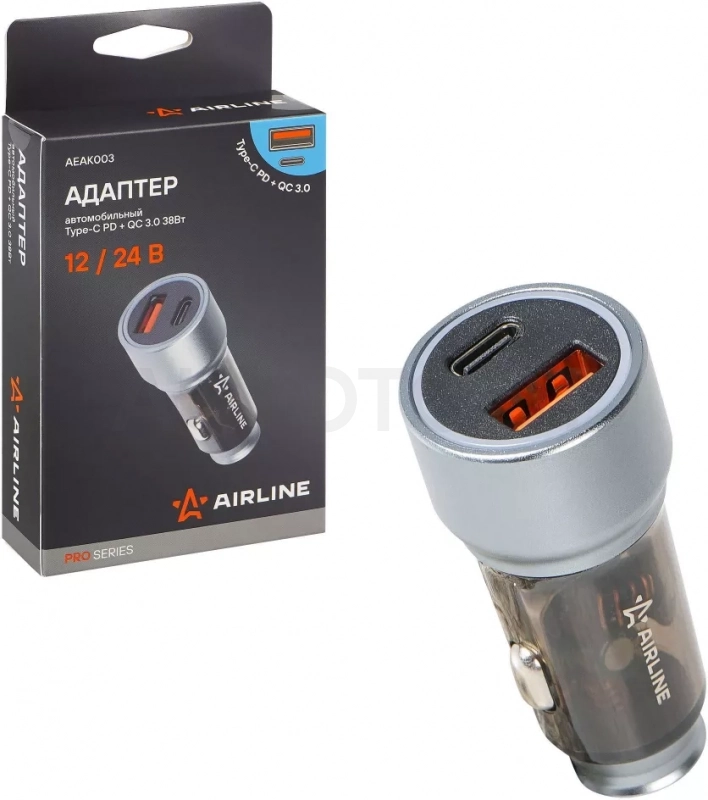 Адаптер автомобильный Type-C PD + QC 3.0 38Вт, 12/24В PRO