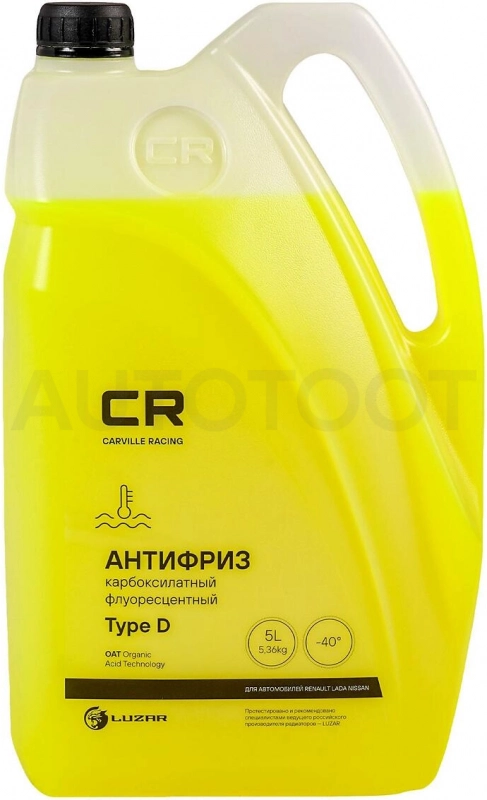 Антифриз CR для а/м Renault (Лада, Nissan), Type D, флуор. -40°С, желтый, готовый, 5л/5.37кг