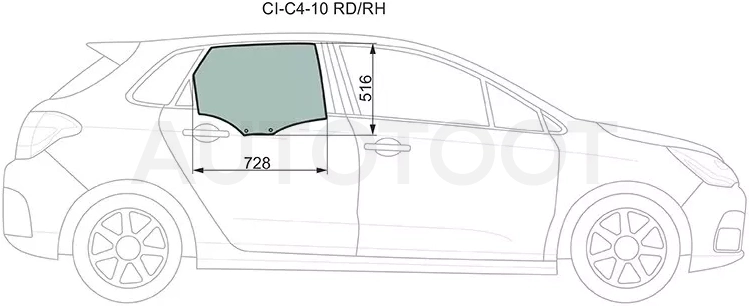 Стекло боковое опускное (Сзади/ Справа/ Цвет зеленый) Citroen C4 04