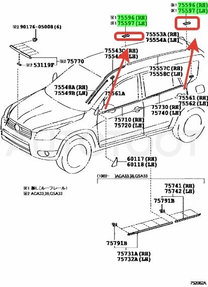 Заглушка молдинга крыши 7559635030 -7559635030 Toyota для TOYOTA RAV4, TOYOTA 4RUNNER / SURF, TOYOTA HIGHLANDER, TOYOTA LAND CRUISER, LEXUS GX460, LEXUS GX470, LEXUS LX570