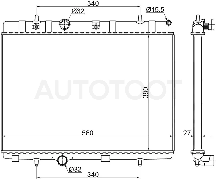Радиатор Citroen C3 01-16 / C2 03-07 / C3 Picasso 09-16 / C-Elysee 12- / Peugeot 1007 05-09 / 207 06-15 / 208 12-19 / 301 13