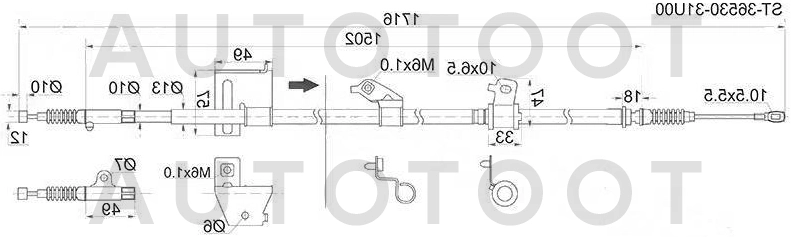 Трос стояночного тормоза задний левый -ST3653131U00 Sat для NISSAN CEFIRO, NISSAN MAXIMA