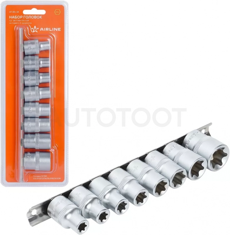 Набор головок 1/2" TORX 8пр. (E10-E24) пласт. подвес - Артикул ATBS34 - Производитель Airline - Фото, Отзывы, Цены