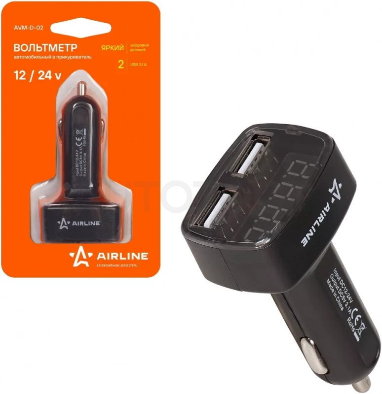 Вольтметр + 2USB 3,1A в прикуриватель 12-24В - Артикул AVMD02 - Производитель Airline - Фото, Отзывы, Цены
