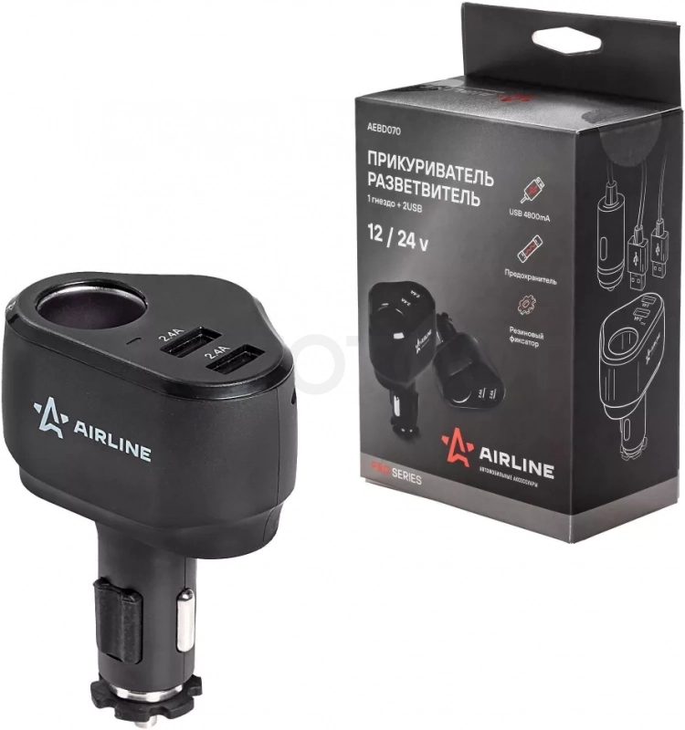 Разветвитель прикуривателя 1 гнездо 5А + 2xUSB 2.4A+2.4A PRO - Артикул AEBD070 - Производитель Airline - Фото, Отзывы, Цены