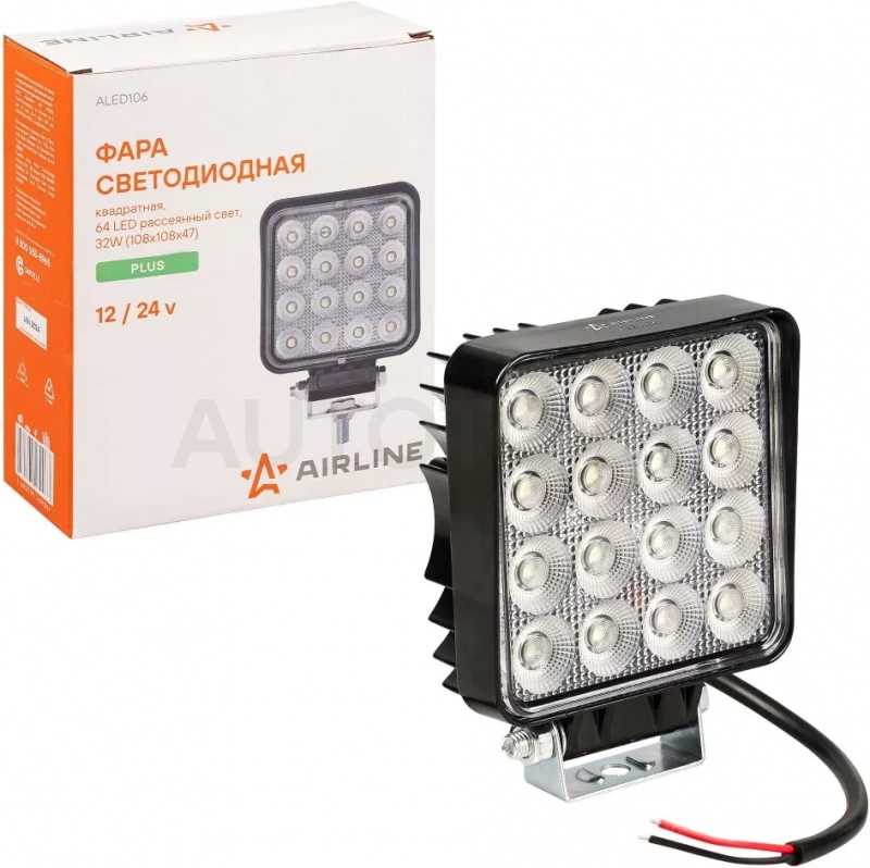Фара светодиод. квадратная, 64LED, рассеянный свет, 32Вт, 108х108х47мм, 12/24В, PLUS - Артикул ALED106 - Производитель Airline - Фото, Отзывы, Цены