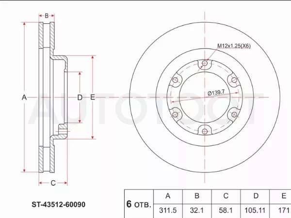 Диск тормозной (Перед) Toyota Land Cruiser (J80) 89-97 / Lexus LX 95-97