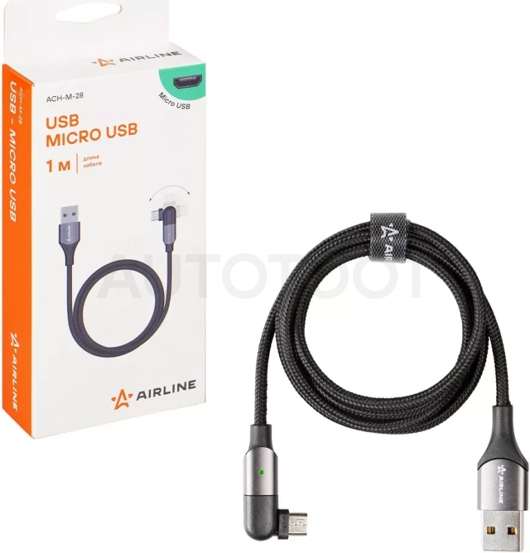 Кабель USB - microUSB 1м, с поворот. коннектором, черный нейлоновый - Артикул ACHM28 - Производитель Airline - Фото, Отзывы, Цены