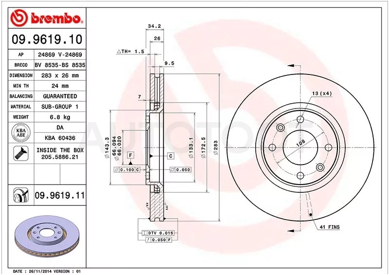 Диск тормозной (Спереди) Citroen Berlingo 96-22 / C3 01- / C4 04- / C4 Picasso 07-14 / Peugeot 308 07-15 / Citroen C3 Aircross 17- / C3 Picasso 09-16 / C4 Cactus 14- / DS3 09-21 / Peugeot 1007 05-09 / 2008 14-16 / 307 01-05