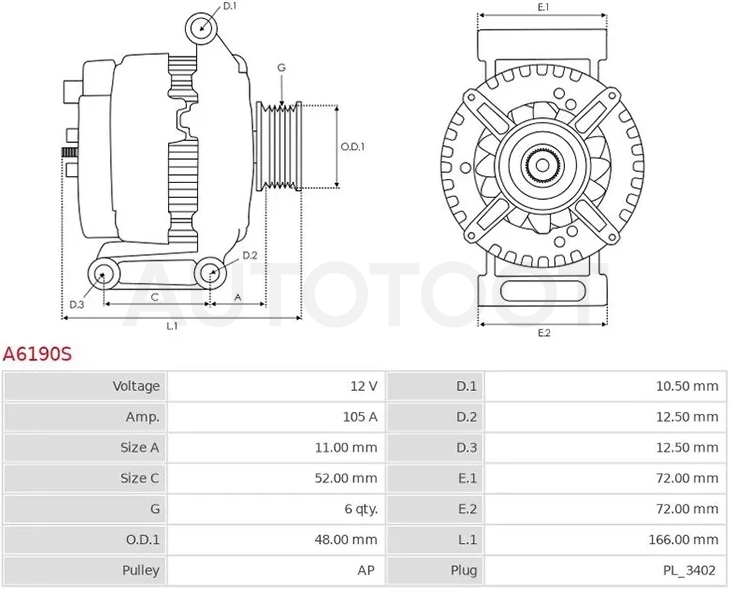 Генератор FORD C-MAX 07-10/FOCUS II 08-11 14V 105A - Артикул A6190S - Производитель AS-PL - Фото, Отзывы, Цены