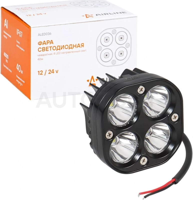 Фара светодиод. квадратная, 4LED, направленный свет, 40Вт, 78х78х50мм, 12/24В, PLUS - Артикул ALED036 - Производитель Airline - Фото, Отзывы, Цены