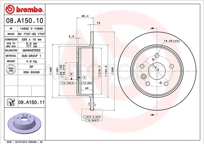 Диск тормозной (Сзади) Lexus RX 97-03 / Toyota Camry (XV30,XV40) 01-11 / Camry UAE/USA 01-06