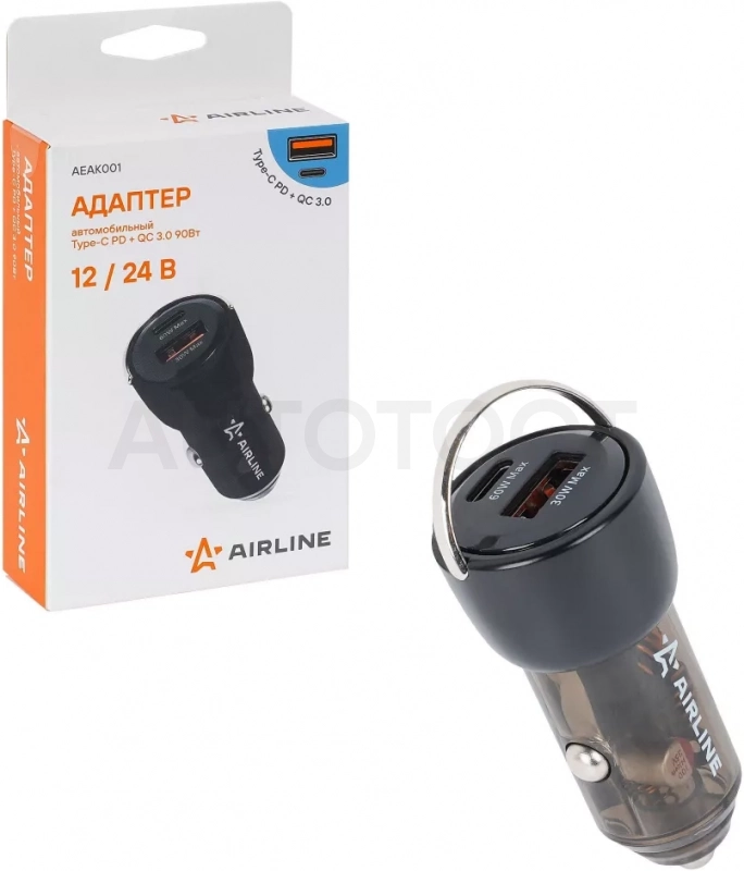 Адаптер автомобильный Type-C PD + QC 3.0 90Вт, 12/24В