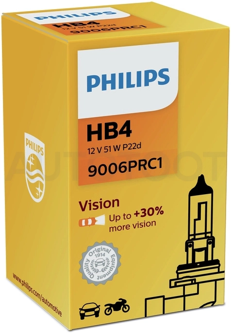 Лампа HB4 галогеновая Philips Vision +30% 12V 55W - Артикул 9006PRC1 - Производитель Philips - Фото, Отзывы, Цены