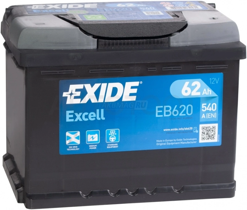 Аккумулятор EXIDE 62Ah 540A обратная полярность(-+)