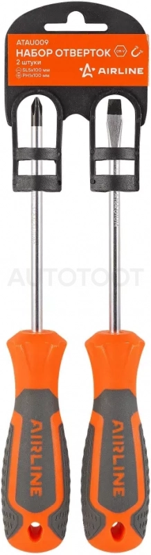 Набор отвёрток 2 пр. (SL5x100mm, PH1x100m), пласт.подвес - Артикул ATAU009 - Производитель Airline - Фото, Отзывы, Цены