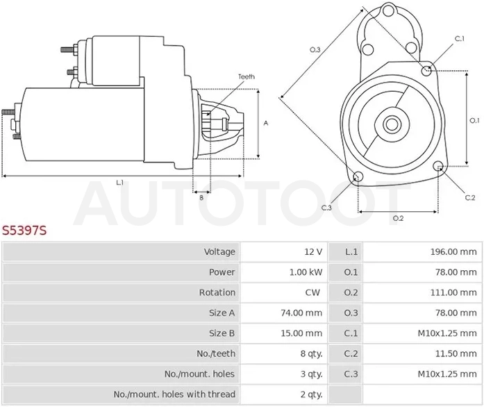 Стартер Kia Rio 00-05 / Spectra 00-11 (1 kW/ Z=8) - Артикул S5397S - Производитель AS-PL - Фото, Отзывы, Цены