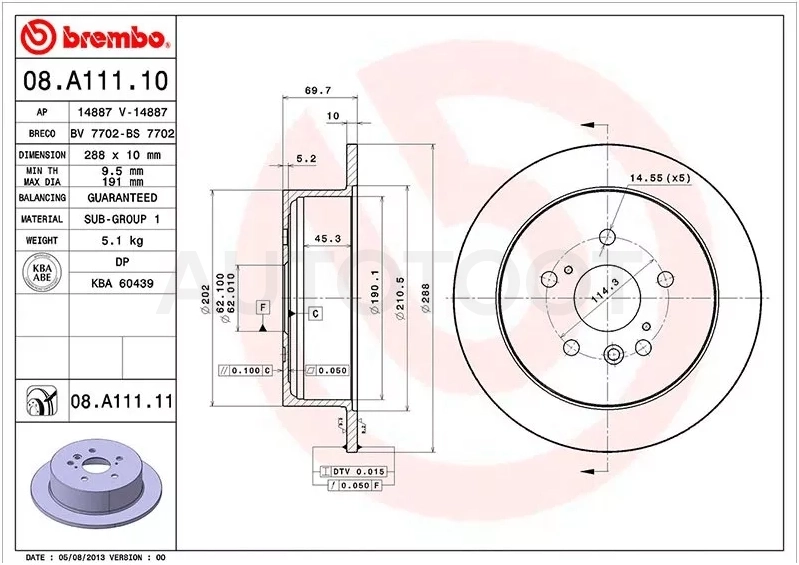 Диск тормозной (Сзади) Lexus RX 00-09 / Toyota Harrier 03-13