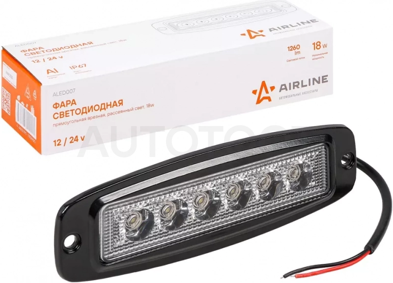 Фара светодиод. прямоугольная врезная, 6LED, рассеянный свет, 18Вт, 185х60х35мм, 12/24В, PLUS