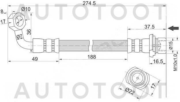 Шланг тормозной задний правый 280мм -ST9094702A07 Sat для TOYOTA LAND CRUISER, TOYOTA LAND CRUISER PRADO