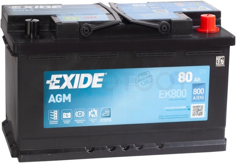 Аккумулятор EXIDE AGM 80Ah 800A обратная полярность(-+)