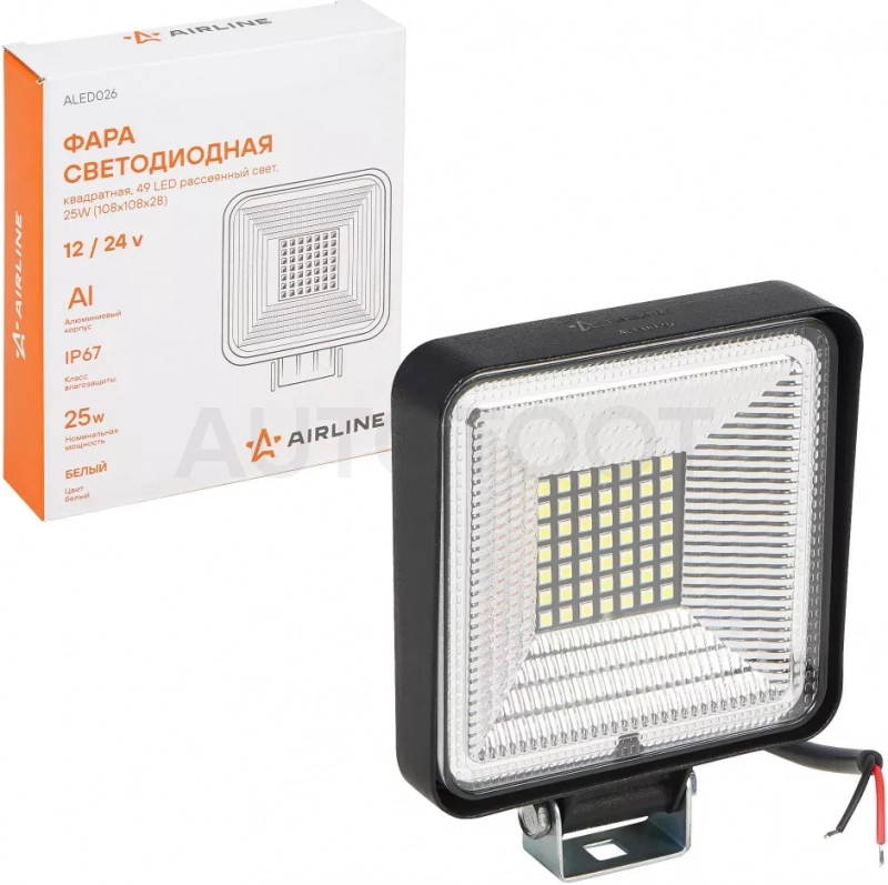 Фара светодиод. квадратная, 49LED, рассеянный свет, 25Вт, 108х108х28мм, 12/24В, PLUS - Артикул ALED026 - Производитель Airline - Фото, Отзывы, Цены