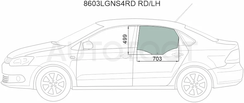 Стекло боковое опускное (Сзади/ Слева/ Цвет зеленый) Skoda Rapid 20- / Volkswagen Polo 09-20