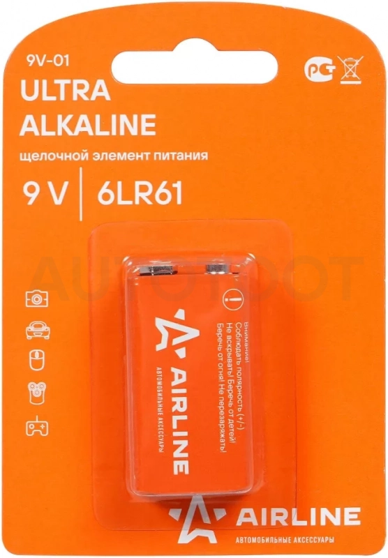 Батарейка 6LR61/Крона 9V щелочная 1 шт. - Артикул 9V01 - Производитель Airline - Фото, Отзывы, Цены