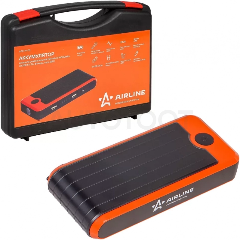 Аккумулятор пусковой (Booster) 10000мАч, 400А, 12.4V, пуск ДВС 2.0d, USB 5V/2A, кейс