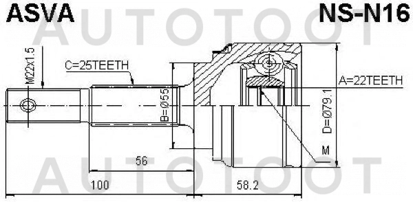 Шрус наружный QG15DE (без ABS 22 шлица внутренние 25 шлица наружные) -PCV1294 Patron для NISSAN ALMERA