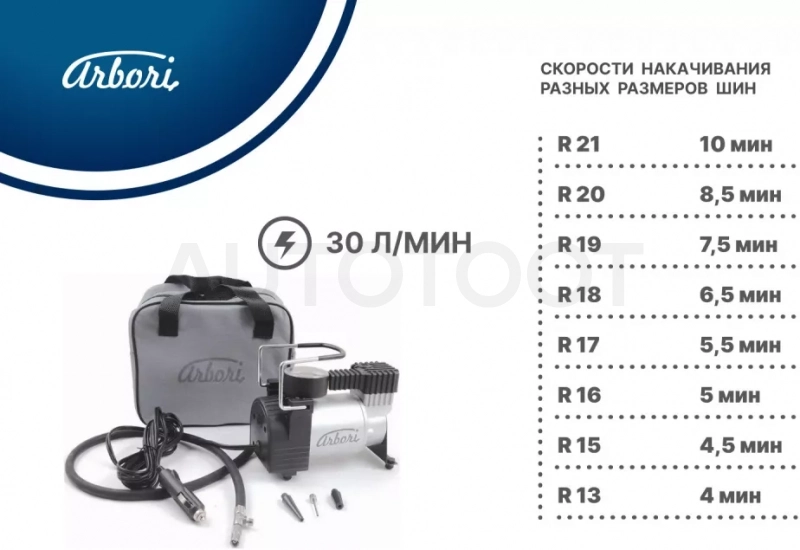 Автомобильный компрессор для накачки шин, производительность 30л/мин - Артикул ARBORIS730 - Производитель Arbori - Фото, Отзывы, Цены
