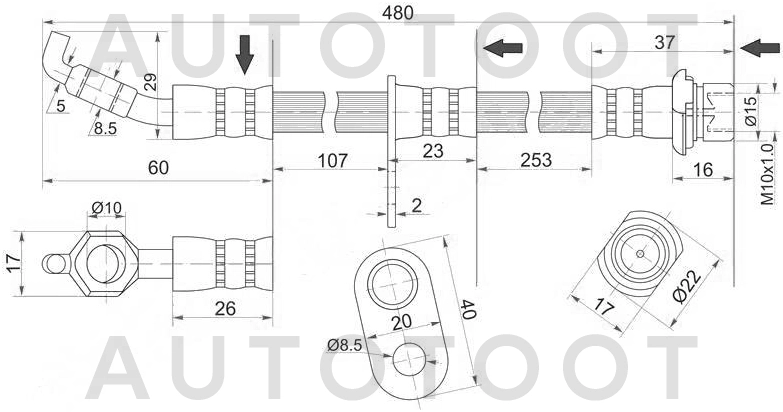 Шланг тормозной передний левый=правый (477 мм) -2700093SX Stellox для TOYOTA COROLLA, TOYOTA COROLLA CERES, TOYOTA SPRINTER MARINO, TOYOTA SPRINTER