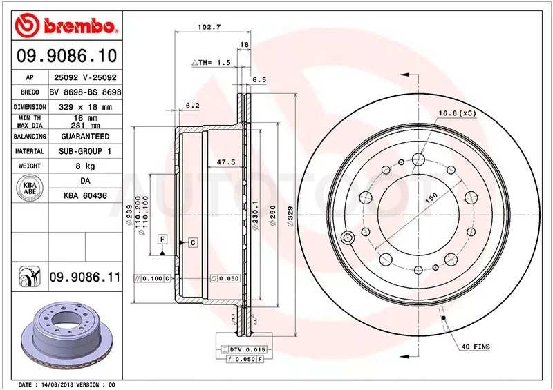 Диск тормозной (Сзади) Toyota Land Cruiser (J100) 98-07 / Lexus LX 98-07 / Toyota Land Cruiser Cygnus 98-07