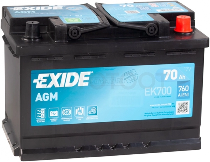 Аккумулятор EXIDE AGM 70Ah 760A обратная полярность(-+)