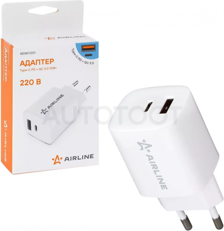 Адаптер питания 220В, Type-C PD + QC 3.0, 20Вт