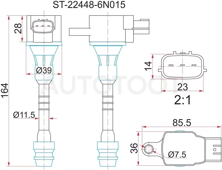 Катушка зажигания NISSAN QG13DE/QG15DE/QG18DE/GA15DE 96 - Артикул ST224486N015 - Производитель Sat - Фото, Отзывы, Цены