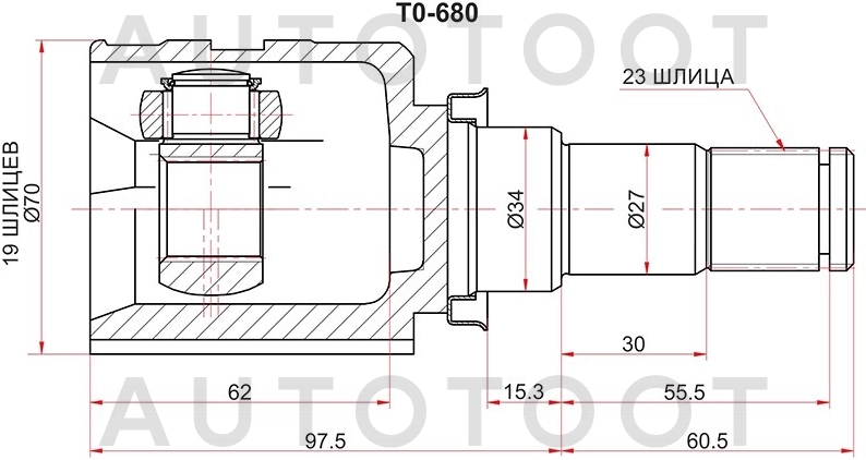 Шрус внутренний левый=правый 19/23 -TO680 Sat для TOYOTA YARIS, TOYOTA VITZ, TOYOTA BELTA