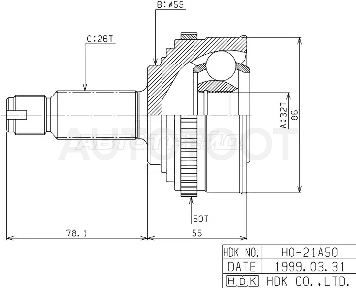 Шрус (Спереди/ Наруж) Honda Civic 91-98 / Civic Ferio 95-00 / CR-X del Sol 92-98 / Domani 92-00