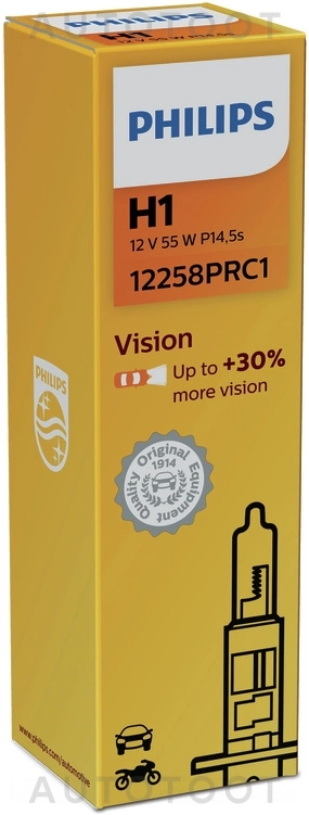 Лампа H1 Philips 12V 55W P14.5S +30% Vision - Артикул 12258PRC1 - Производитель Philips - Фото, Отзывы, Цены