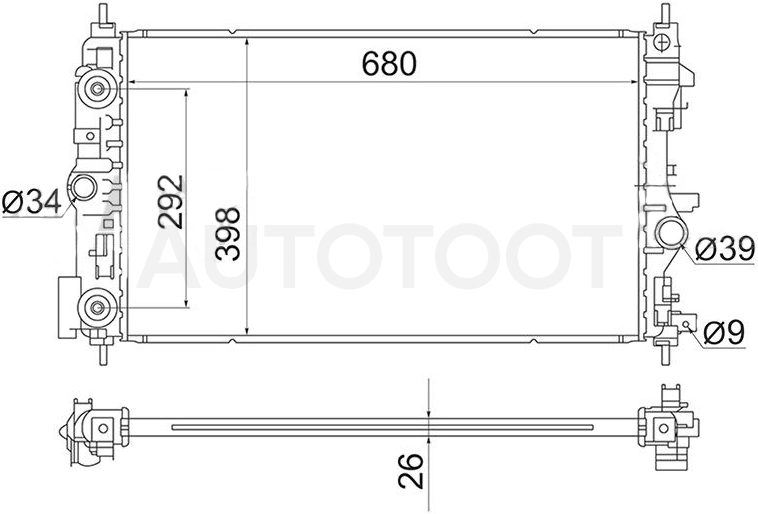 Радиатор охлаждения AT1.4/1.6/1.8 (длина 680мм) F16D4 -ST13291779 Sat для CHEVROLET CRUZE, OPEL ASTRA