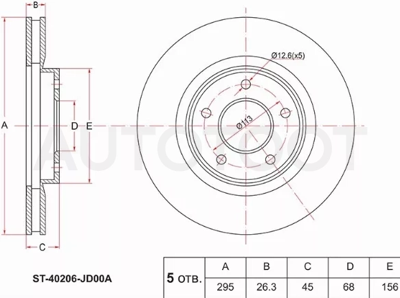Диск тормозной (Перед) Nissan Juke 10-20 / Qashqai 06-13 / X-Trail 07-17 / Dualis 07-10 / Renault Koleos 08-16
