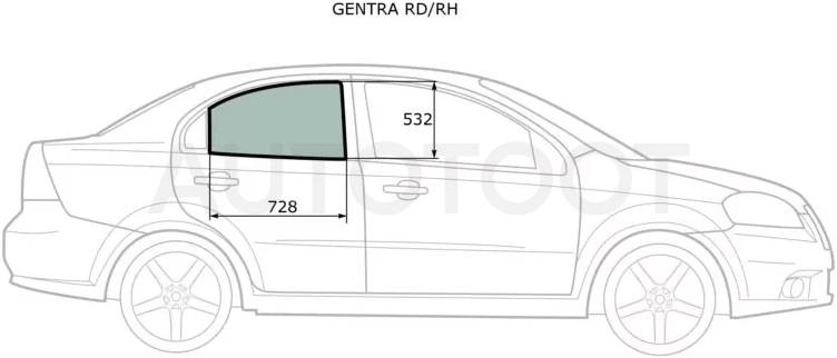Стекло боковое опускное (Сзади/ Справа/ Цвет зеленый) Chevrolet Aveo 05-11 / Nexia 20- / Daewoo Gentra 05-11 / Ravon Nexia R3 16-20 / ЗАЗ Вида 12-14