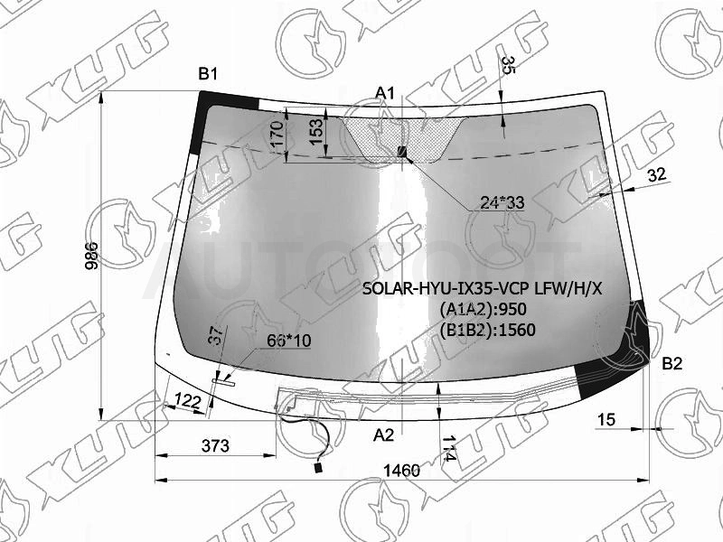 Стекло лобовое атермальное с обогревом щеток HYUNDAI TUCSON /IX35 10-15 (Solar-X защита от ул