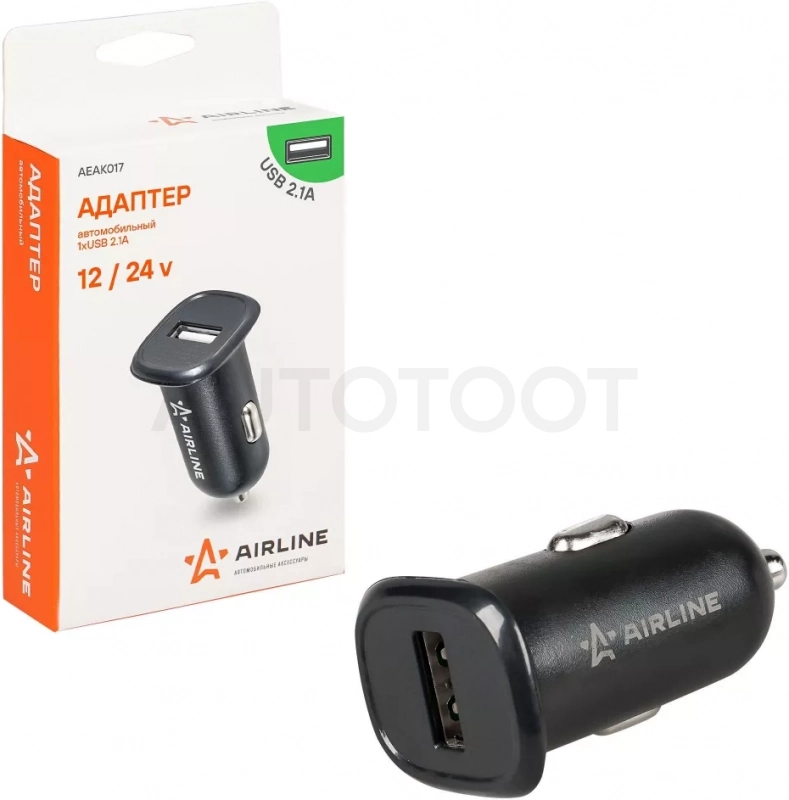 Адаптер автомобильный компактный 1xUSB 2.1A, 12/24В - Артикул AEAK017 - Производитель Airline - Фото, Отзывы, Цены