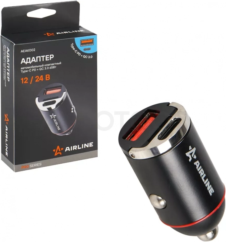 Адаптер автомобильный компактный Type-C PD + QC 3.0 65Вт, 12/24В PRO