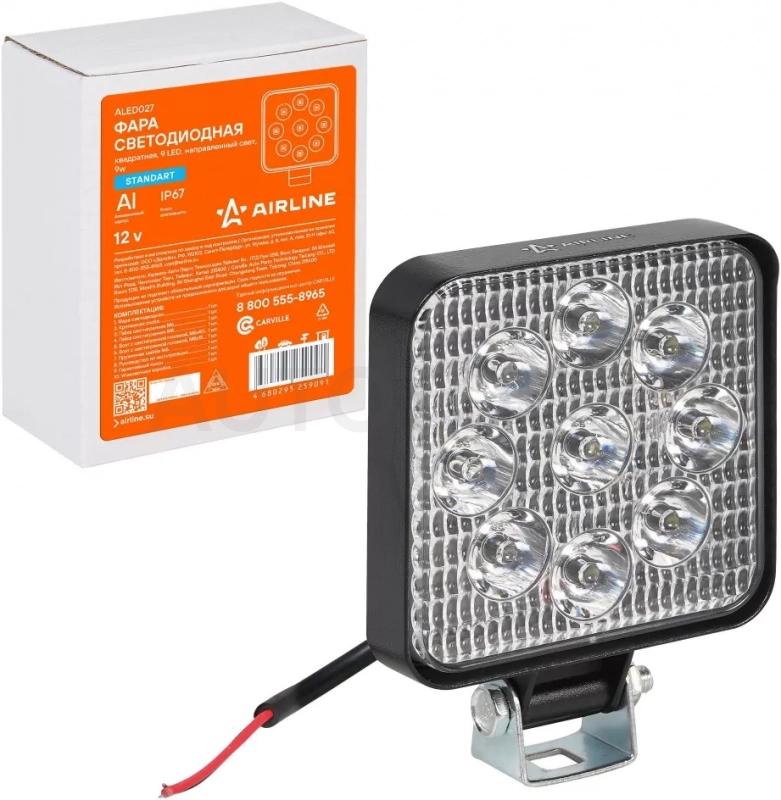 Фара светодиод. квадратная, 9LED, направленный свет, 9Вт, 83х83х22мм, 12В, STANDART - Артикул ALED027 - Производитель Airline - Фото, Отзывы, Цены