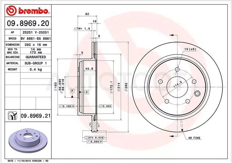 Диск тормозной (Сзади) Nissan Juke 10-20 / Leaf 09-22 / Primera 01-08 / Qashqai 06-22 / Infiniti G35 02-07 / Nissan 350Z 02-09 / Fairlady Z 02-08 / Qashqai+2 08-14 / Rogue 07-17 / Renault Koleos 08-16