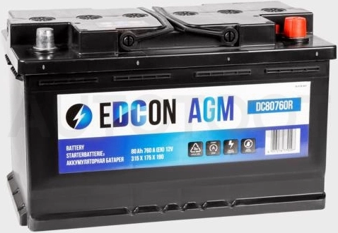 Аккумулятор EDCON AGM 80Ah 760A обратная полярность(-+)