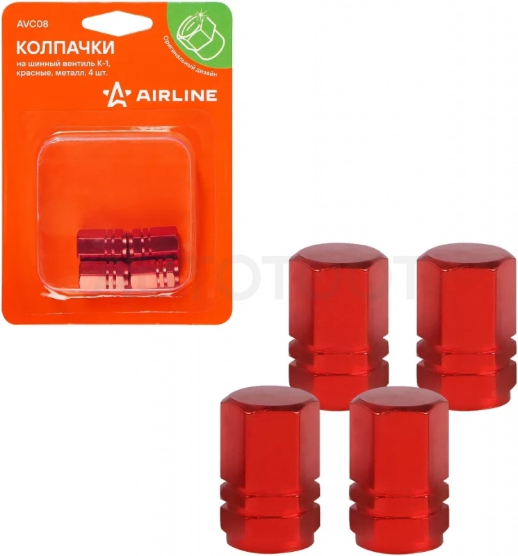 Колпачки на шинный вентиль K-1, красные, металл, 4 шт. - Артикул AVC08 - Производитель Airline - Фото, Отзывы, Цены