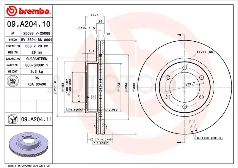 Диск тормозной (Спереди) Toyota Land Cruiser Prado (J120) 02-09 / Lexus GX 02-09 / Toyota 4Runner 02-09 / Fortuner 15-20